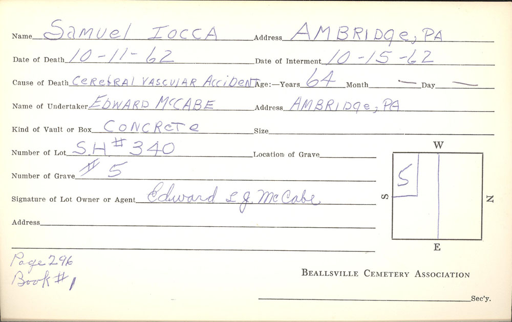Samuel Iocca burial card